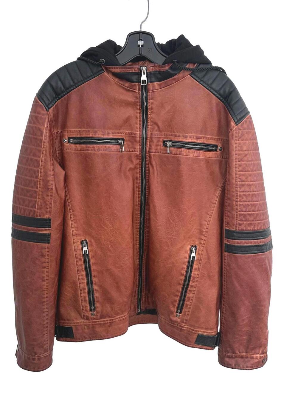 Eko Black Men's XL Rust Brown Faux Leather Hooded Moto Biker Jacket